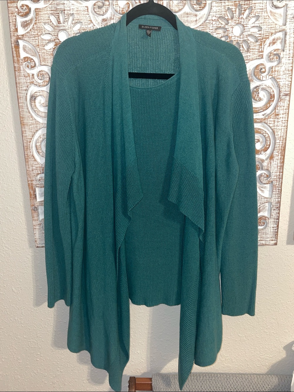 Eileen Fisher Teal Open-Front Draped Cardigan Sweater